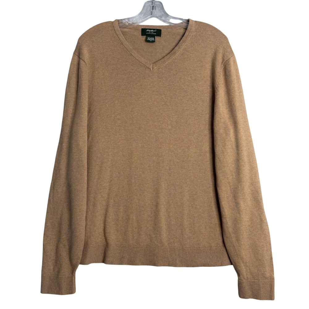Eddie Bauer V Neck Sweater Mens M Tan Cotton Cashmere Blend Preppy Classic Basic